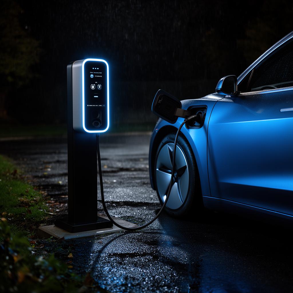 Sleek EV charger plugged into a modern electric car at night